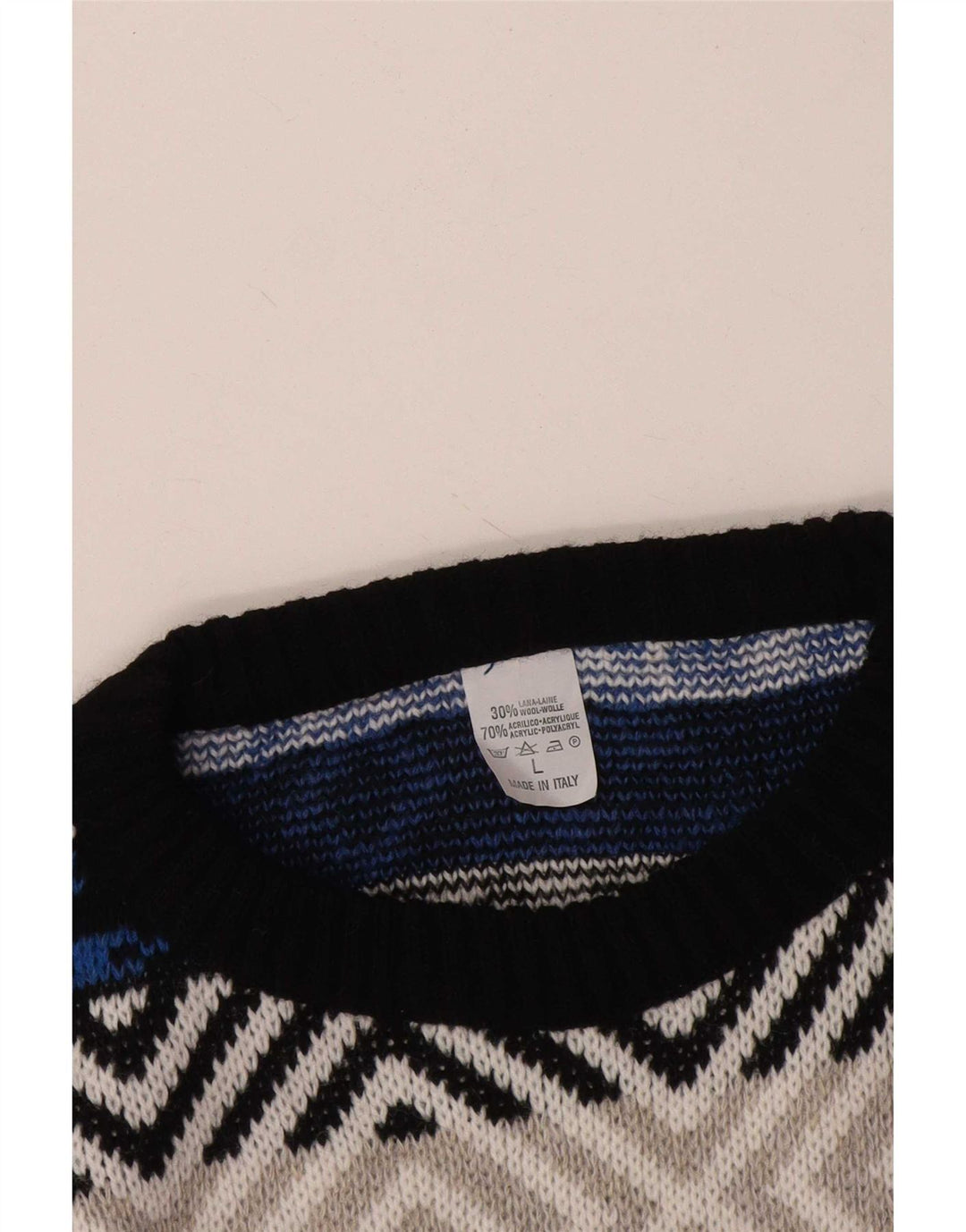 Vintage Mens Crew Neck Jumper Sweater Large Multicoloured Geometric Wool
