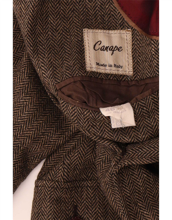 Vintage hombres 2 botones Blazer chaqueta IT 46 pequeña lana de espiga marrón