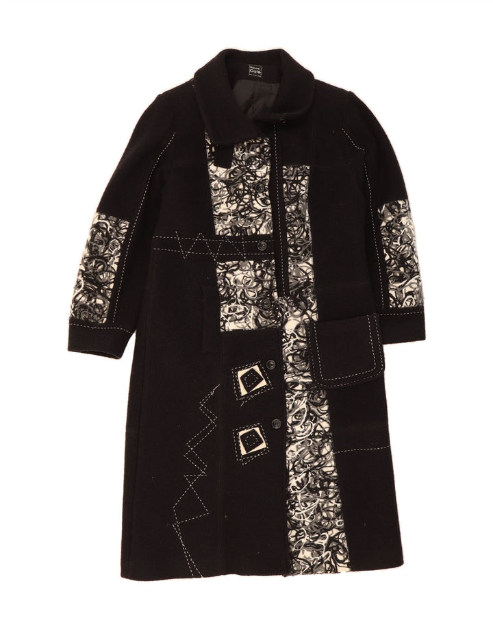 VINTAGE Womens Abstract Pattern Overcoat IT 44 Medium Black Colourblock Vintage Vintage and Second-Hand Vintage from Messina Hembry 