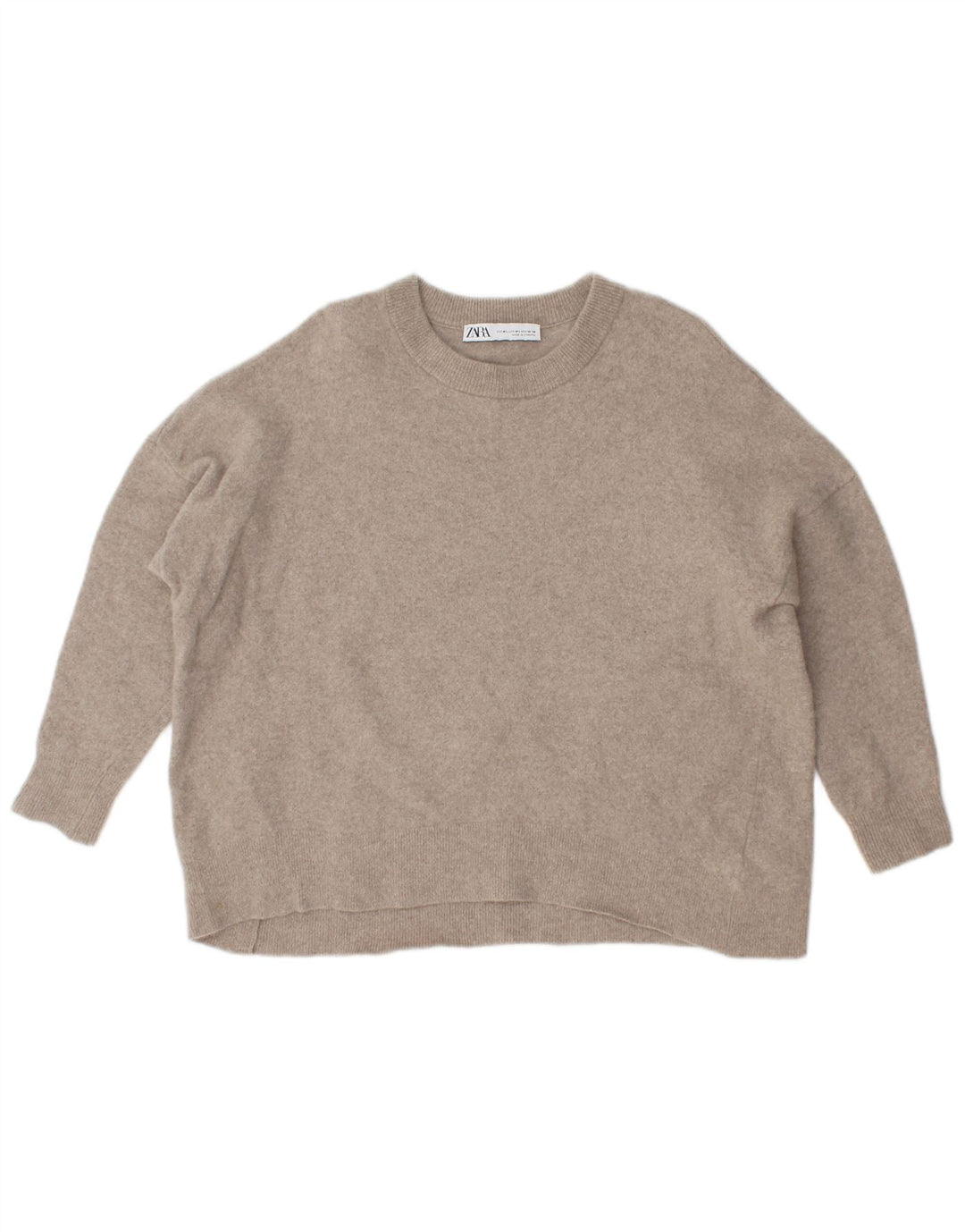 Zara Womens Oversized Crew Neck Jumper Sweater UK 12 Medium Beige Wool