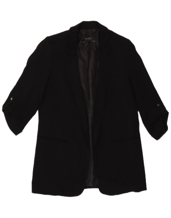 Zara Mujer Chaqueta Americana Abierta Manga 3/4 UK 10 Small Poliéster Negro