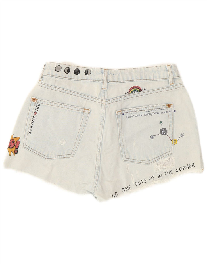 Pull & Bear Womens Graphic Distressed Denim Shorts EU 36 XS W26 Blue