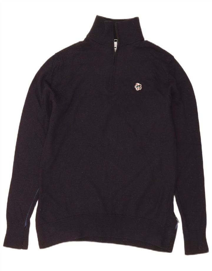 Ted Baker Mens Zip Neck Jumper Sweater Size 3 Medium Navy Blue Wool