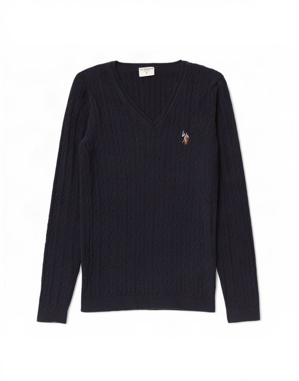 U.S. Polo Assn. Womens V-Neck Jumper Sweater UK 8 Small Navy Blue Cotton