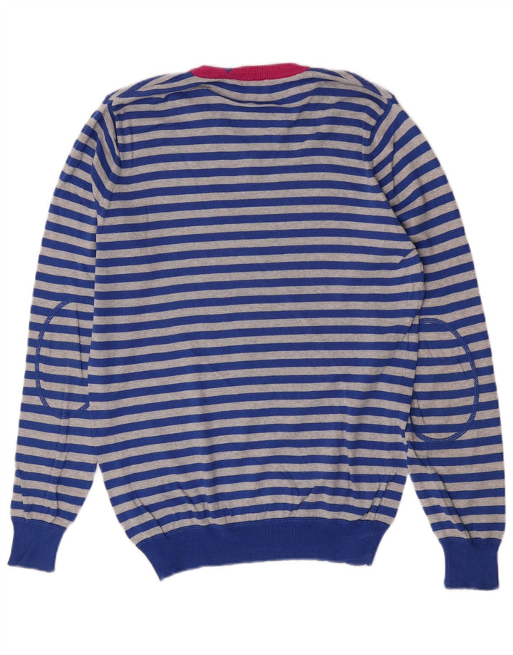 Gas Mens V-Neck Jumper Sweater Medium Blue Striped Cotton