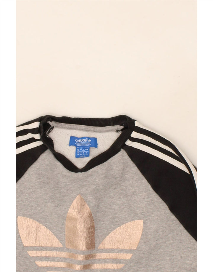 ADIDAS Womens Graphic Sweatshirt Jumper UK 12 Medium Grey Colourblock Vintage Adidas and Second-Hand Adidas from Messina Hembry 