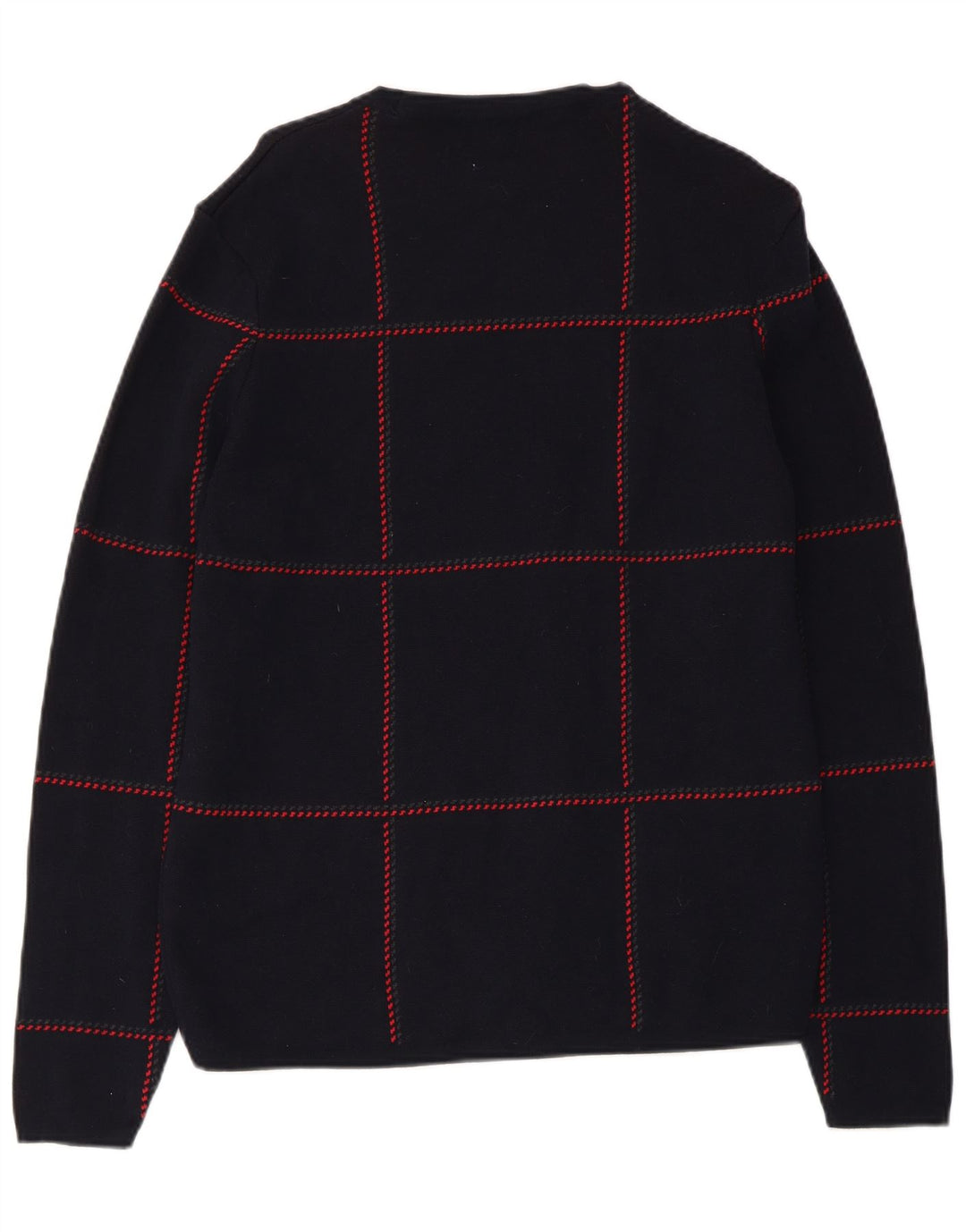 Zara Mens Crew Neck Jumper Sweater Medium Navy Blue Check Cotton
