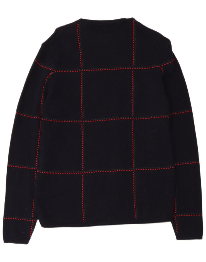 Zara Mens Crew Neck Jumper Sweater Medium Navy Blue Check Cotton