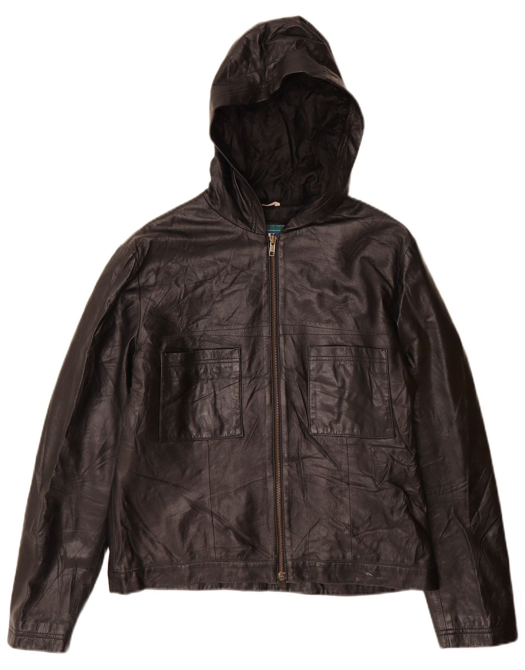 Vintage Womens Hooded Leather Jacket IT 46 Large Black Leather