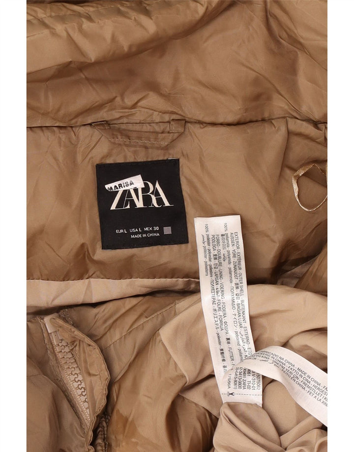 Zara Womens Hooded Padded Coat UK 16 Large Brown Polyamide