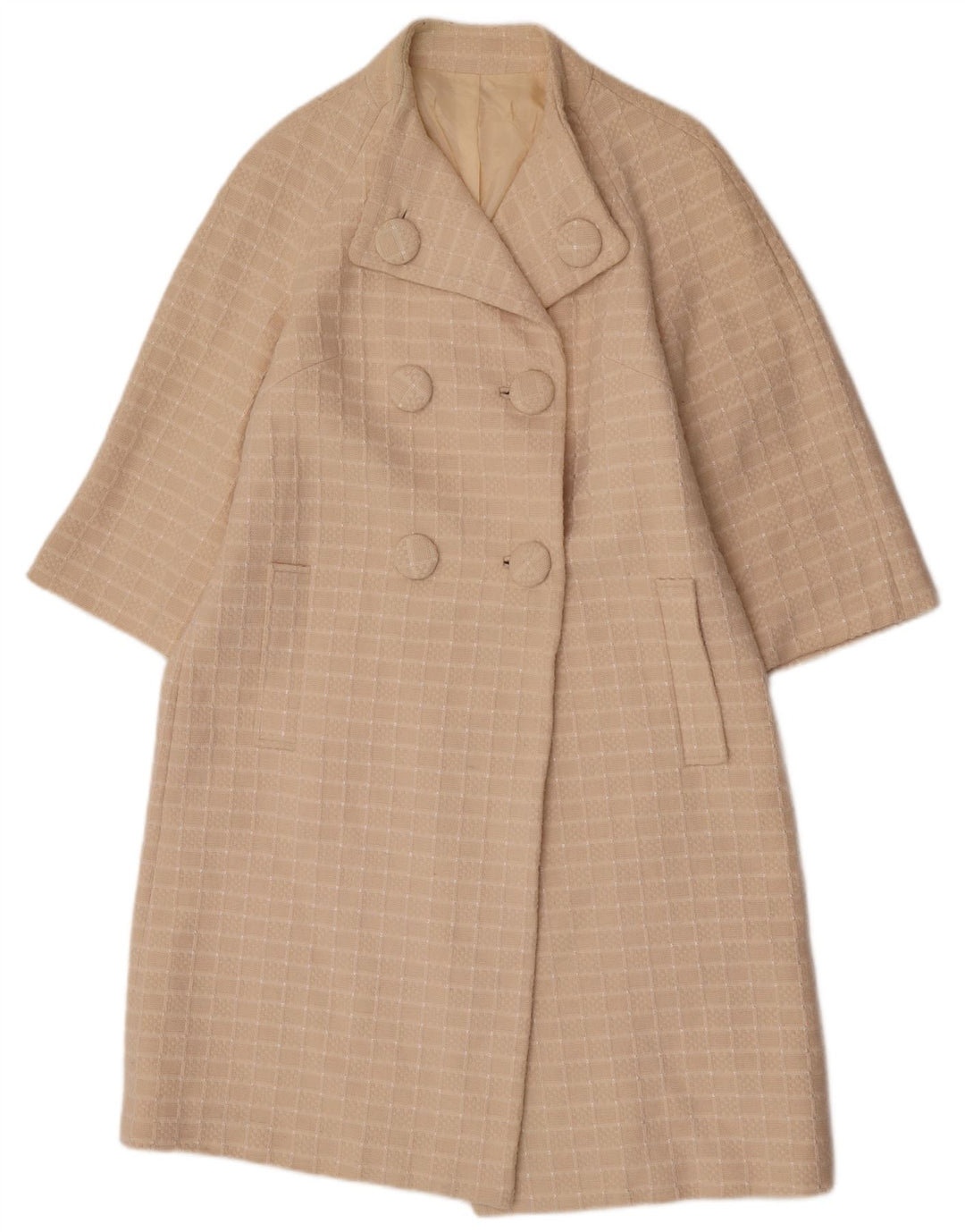 Vintage Womens 3/4 Sleeve Double Breasted Coat UK 14 Medium Beige Check