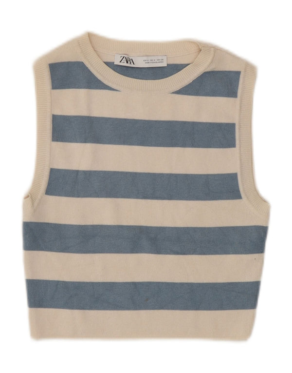 Zara Womens Crop Top UK 12 Medium Beige Stribet Viscose