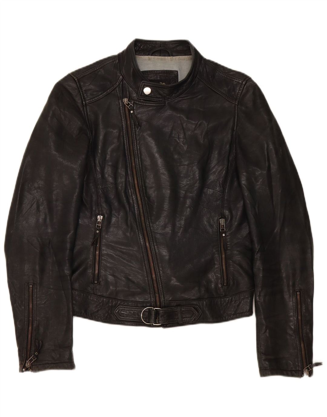 Jaqueta feminina de couro de motociclista Massimo Dutti Reino Unido 10 pequena preta