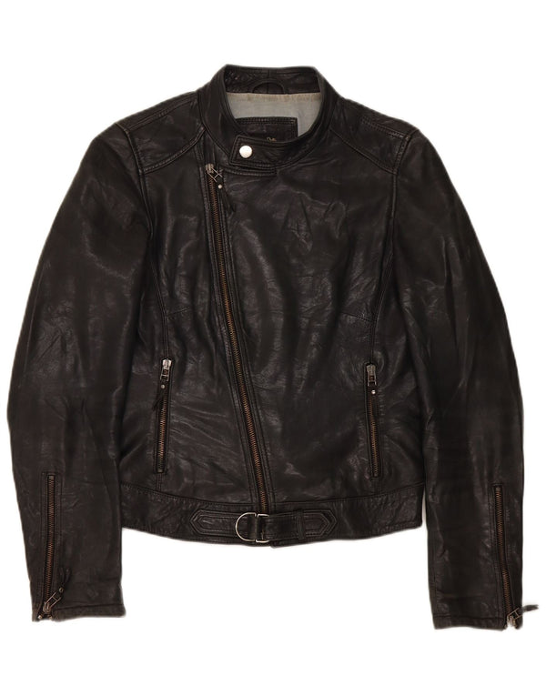 Massimo Dutti Dame Biker Læderjakke UK 10 Lille Sort