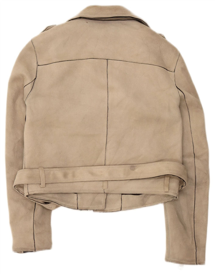 Zara Damen Crop Bikerjacke UK 10 Small Beige Polyester