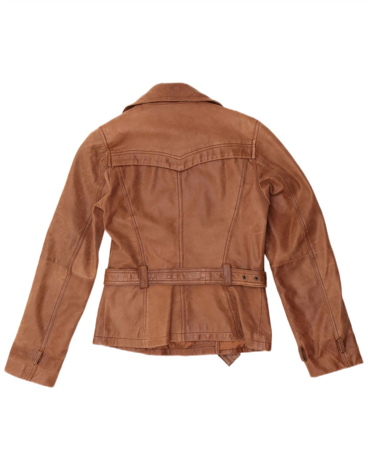 Vintage mujer doble pecho chaqueta de cuero Reino Unido 10 pequeño marrón
