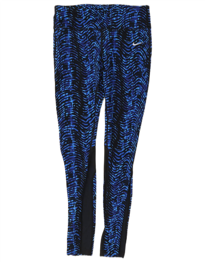 Leggings Nike Womens Dri Fit Abstract Pattern UK 12 Medium Blue Chevron