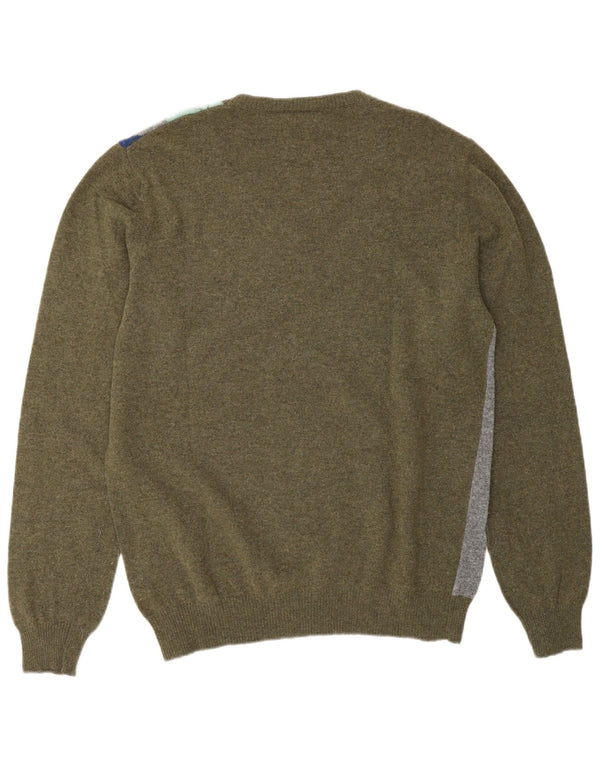 Benetton Dame V-hals sweater UK 18 XL Khaki Argyle/Diamond Wool
