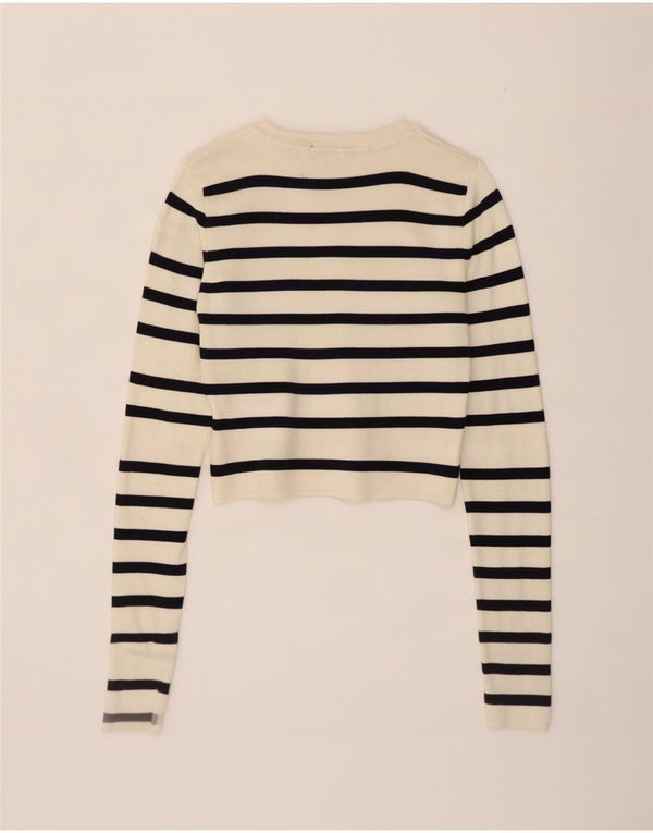 Zara Womens Crop Blouse Top UK 8 Petit Viscose Rayé Blanc Cassé