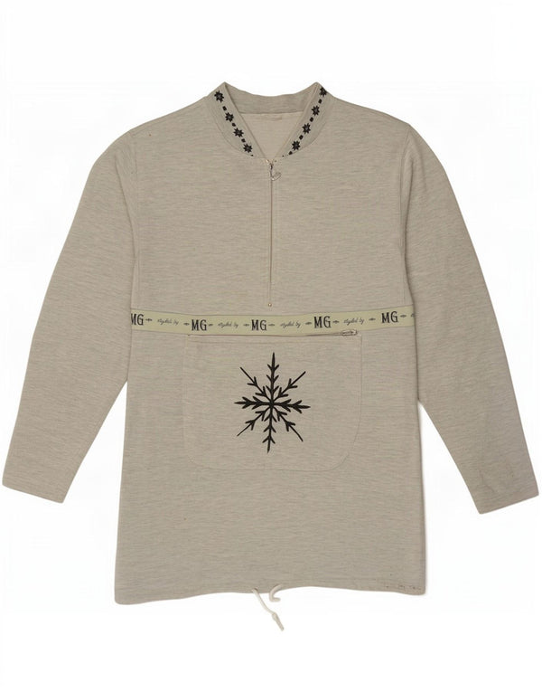 Vintage Damen Sweatshirt mit grafischem Reißverschluss und Halsausschnitt, Gr. 14, groß, grau gefleckt