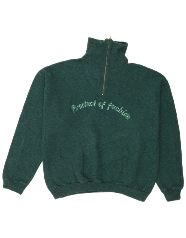 Vintage Mens Graphic Zip Neck Jumper Sweater Large Green
