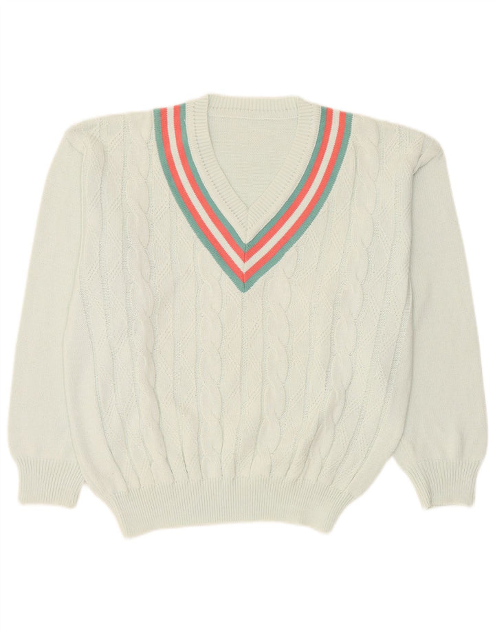 VINTAGE Mens Jumper Sweater Large Blue Colourblock Cotton
