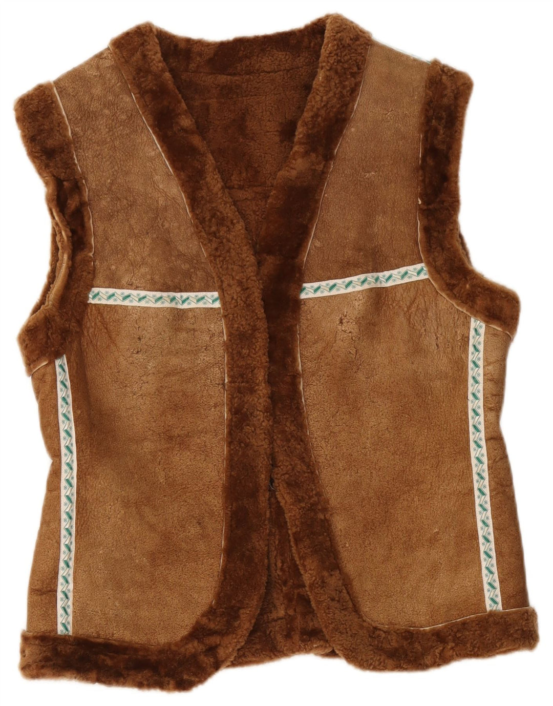 Vintage Womens Shearling Gilet UK 12 Medium Brown Geometric