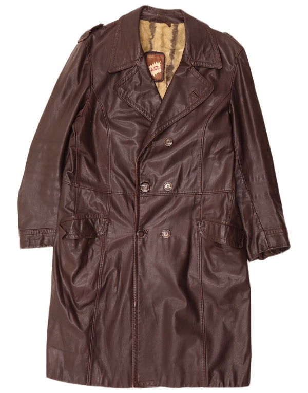 Vintage Mens Military Leather Double Breasted Coat UK 36 Small Brown