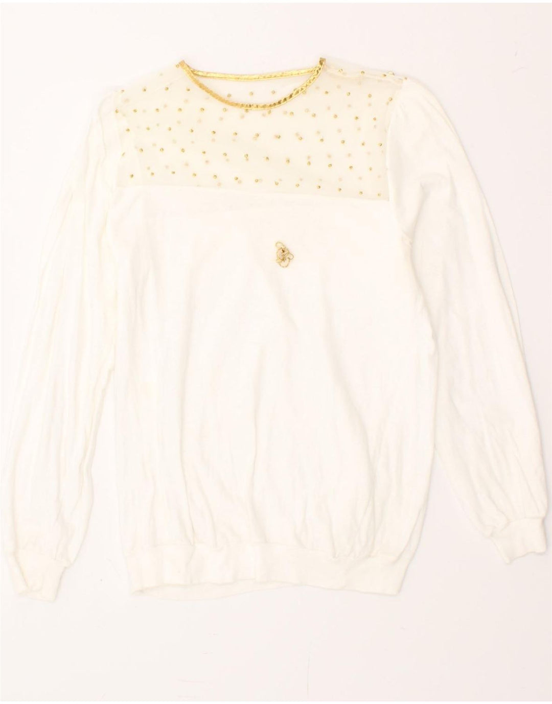VINTAGE Womens Top Long Sleeve UK 10 Small White Spotted Vintage Vintage and Second-Hand Vintage from Messina Hembry 