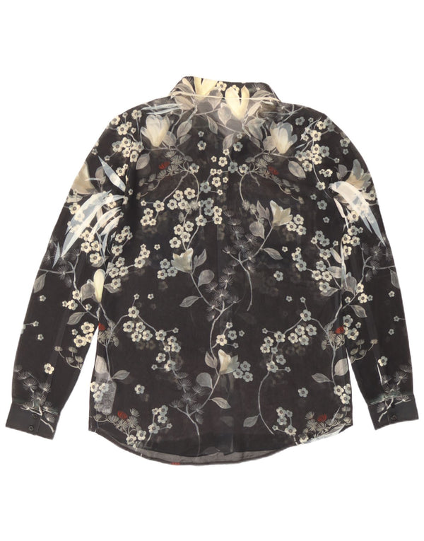 Guess Womens See Through Shirt Blouse UK 14 Medium Black Floral Polyester