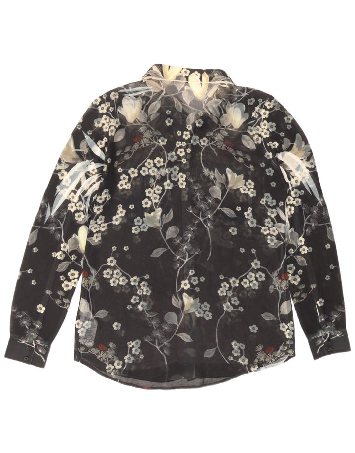 Guess Womens See Through Shirt Blouse UK 14 Medium Black Floral Polyester