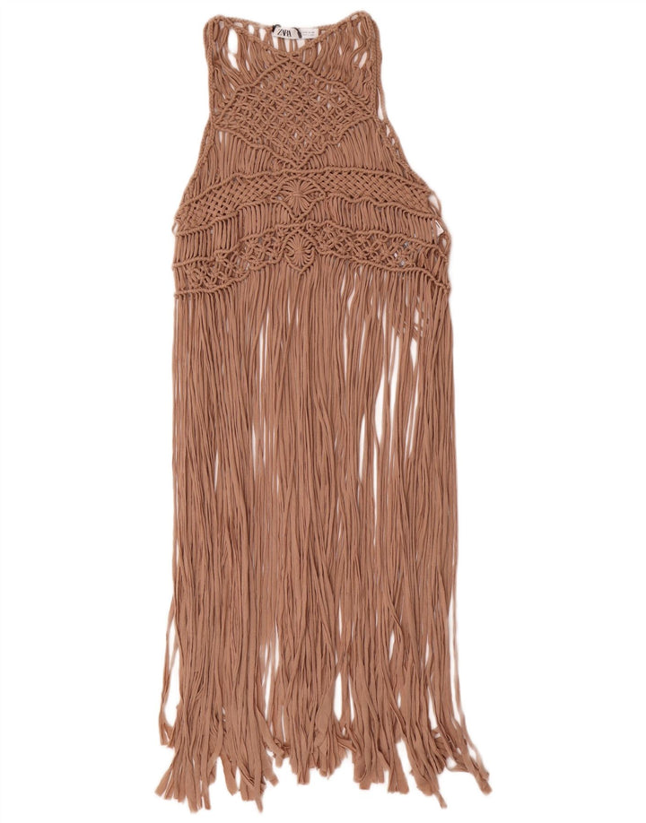 Zara Womens Crochet Beach Dress UK 12 Medium Beige Polyester