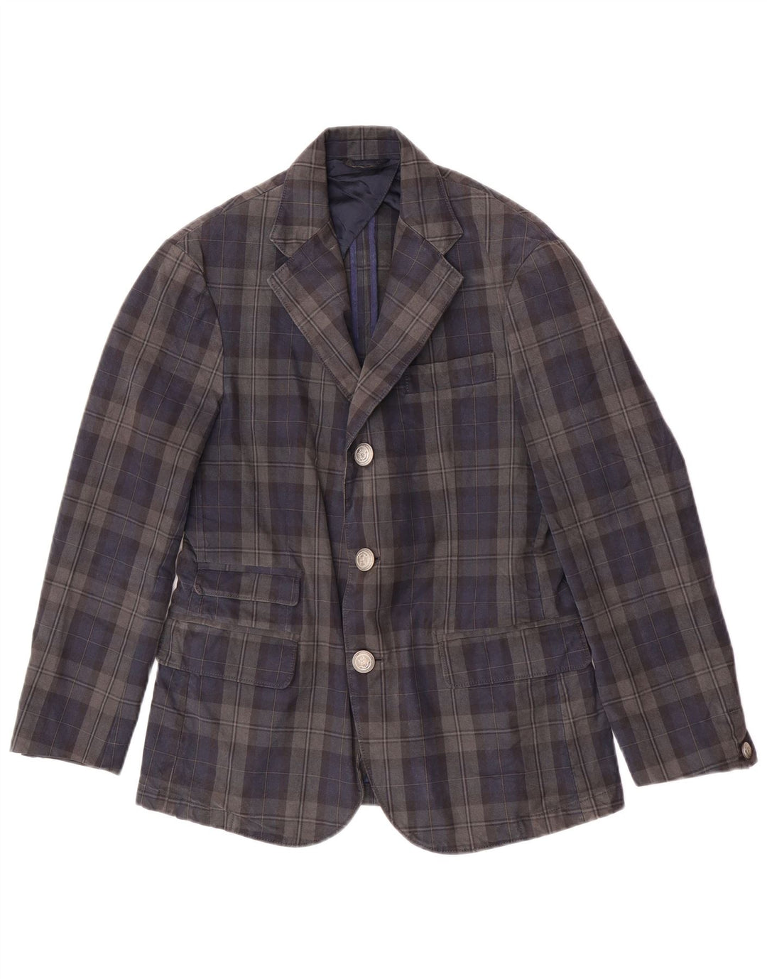 Jaggy Mens 3 Button Blazer Jacket IT 48 Medium Navy Blue Check Cotton