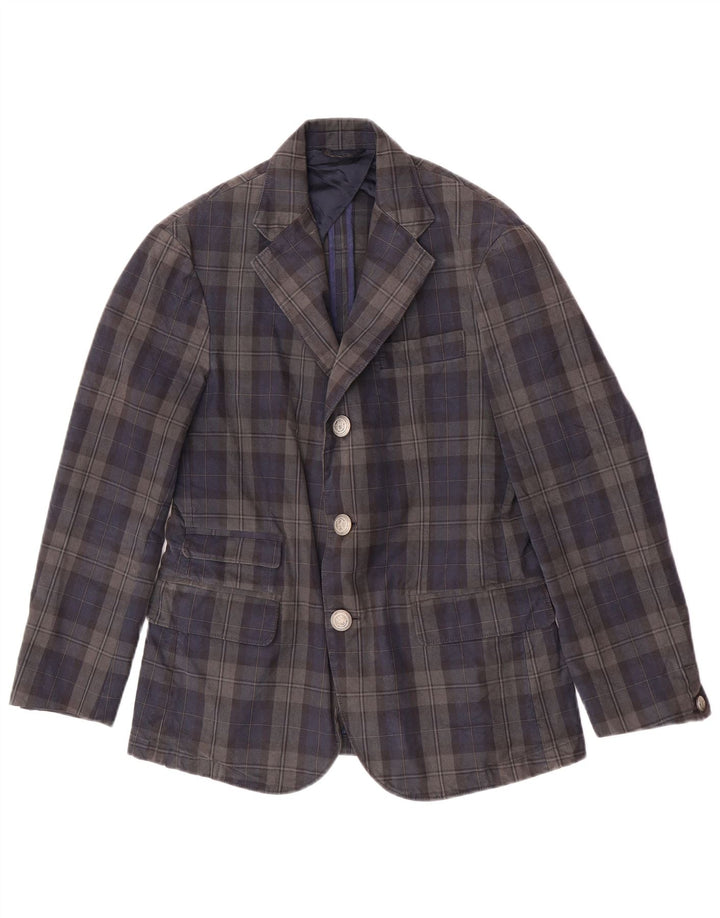 Jaggy Mens 3 Button Blazer Jacket IT 48 Medium Navy Blue Check Cotton