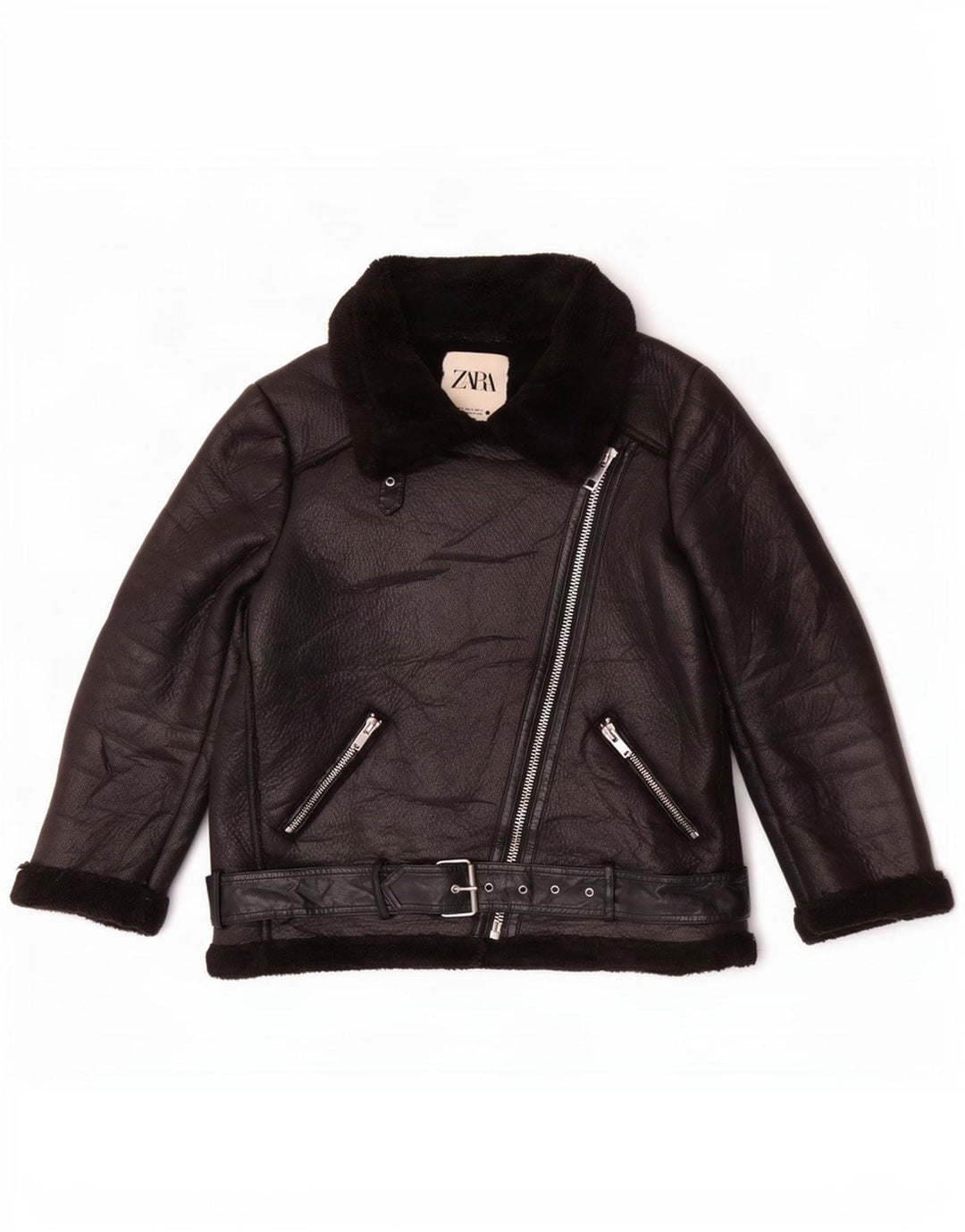 Zara Womens Sherpa Faux Leather Biker Jacket UK 14 Medium Black Polyester
