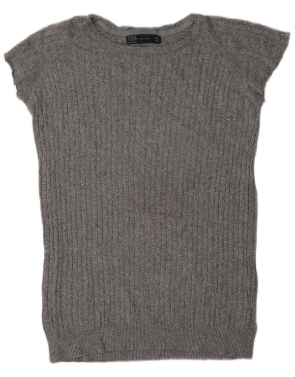 Maglione girocollo a maniche corte da donna Zara UK 14 Cotone grigio medio