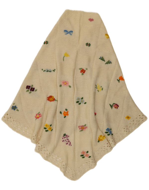 Vintage damski szal na drutach, jeden rozmiar, w kolorze off-white, w kwiaty, w stylu boho