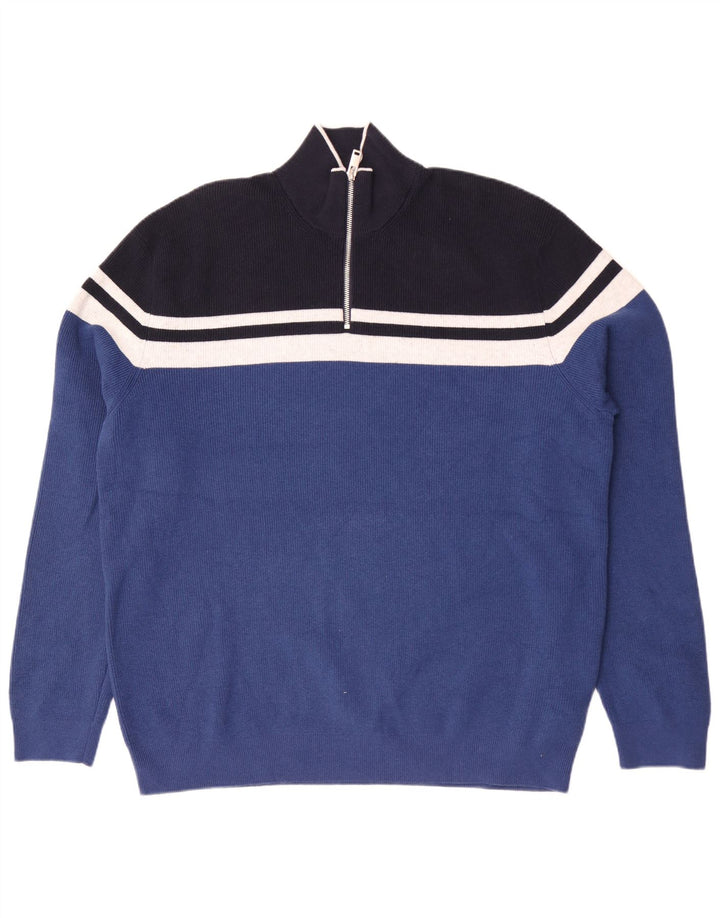 Marks & Spencer Mens Zip Neck Jumper Sweater 2XL Blue Striped Polyester