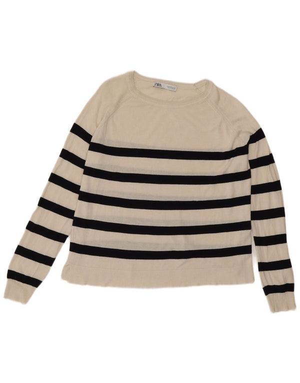 Maglione maglione con scollo a barca da donna Zara UK 14 Viscosa a righe bianco sporco medio