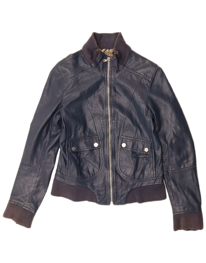 Vintage Womens Crop Leather Jacket IT 44 Medium Navy Blue Leather