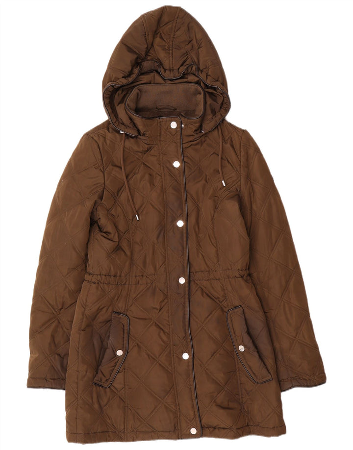 Jaqueta acolchoada com capuz feminino Dkny UK 10 poliéster marrom pequeno
