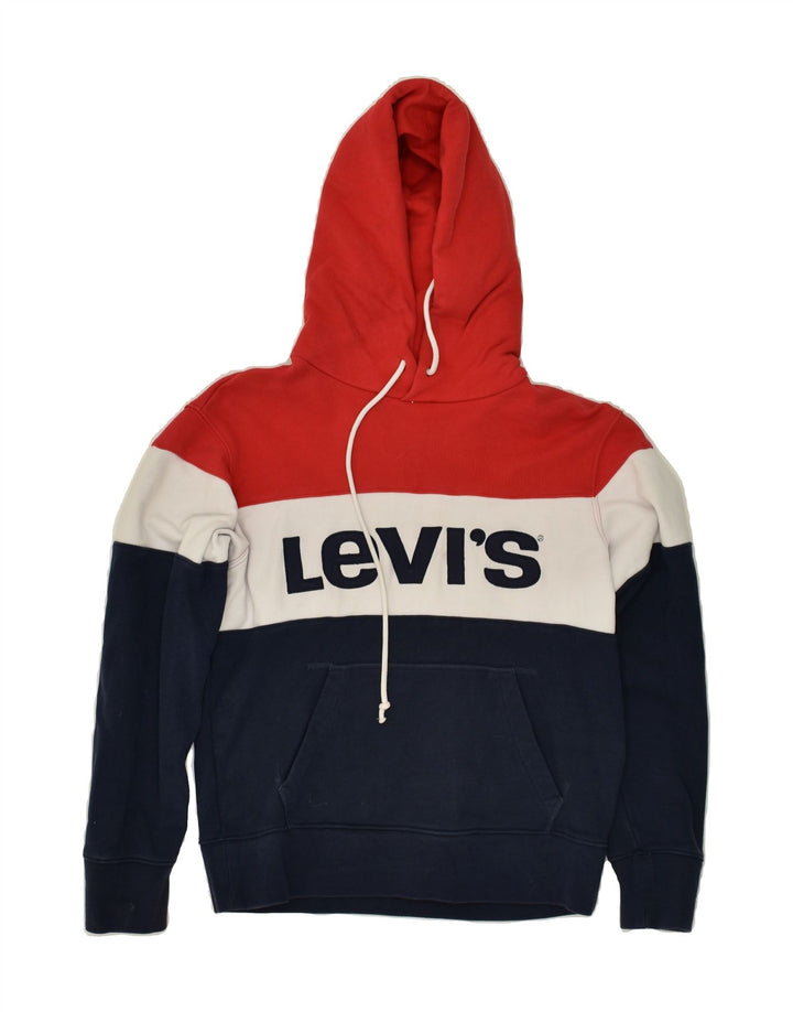 LEVI'S Womens Oversized Graphic Hoodie Jumper UK 6 XS Navy Blue Striped | Vintage Levi's | Thrift | Second-Hand Levi's | Used Clothing | Messina Hembry 
