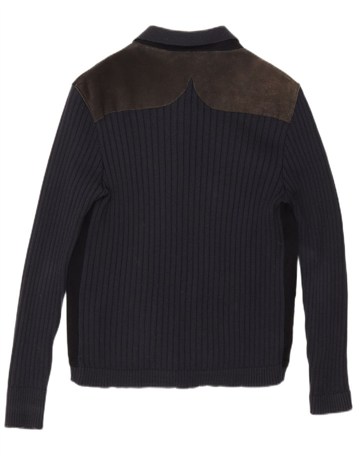 Vintage Mens Cardigan Sweater Medium Navy Blue Colourblock