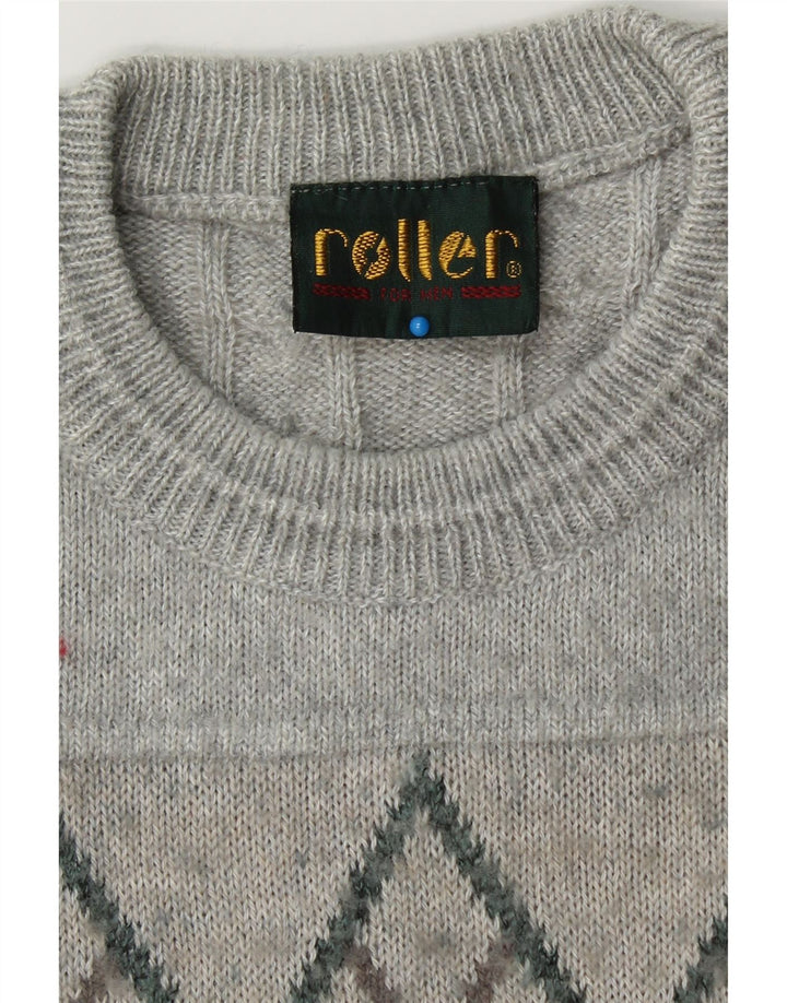 VINTAGE Mens Crew Neck Jumper Sweater Medium Grey Fair Isle Vintage Vintage and Second-Hand Vintage from Messina Hembry 