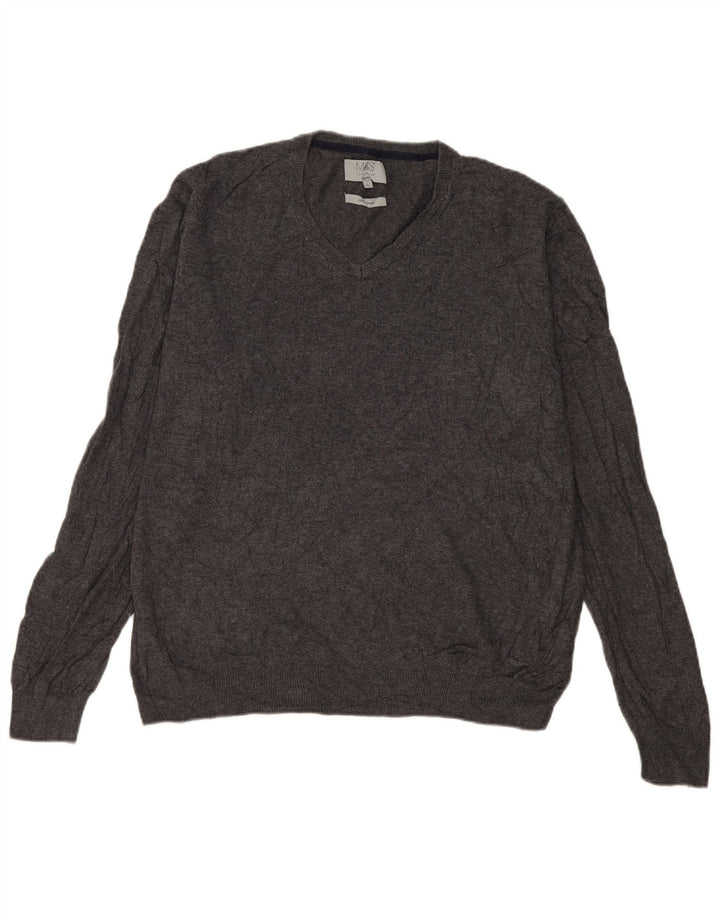 Marks & Spencer Mens V-Neck Jumper Sweater Large Grey Cotton