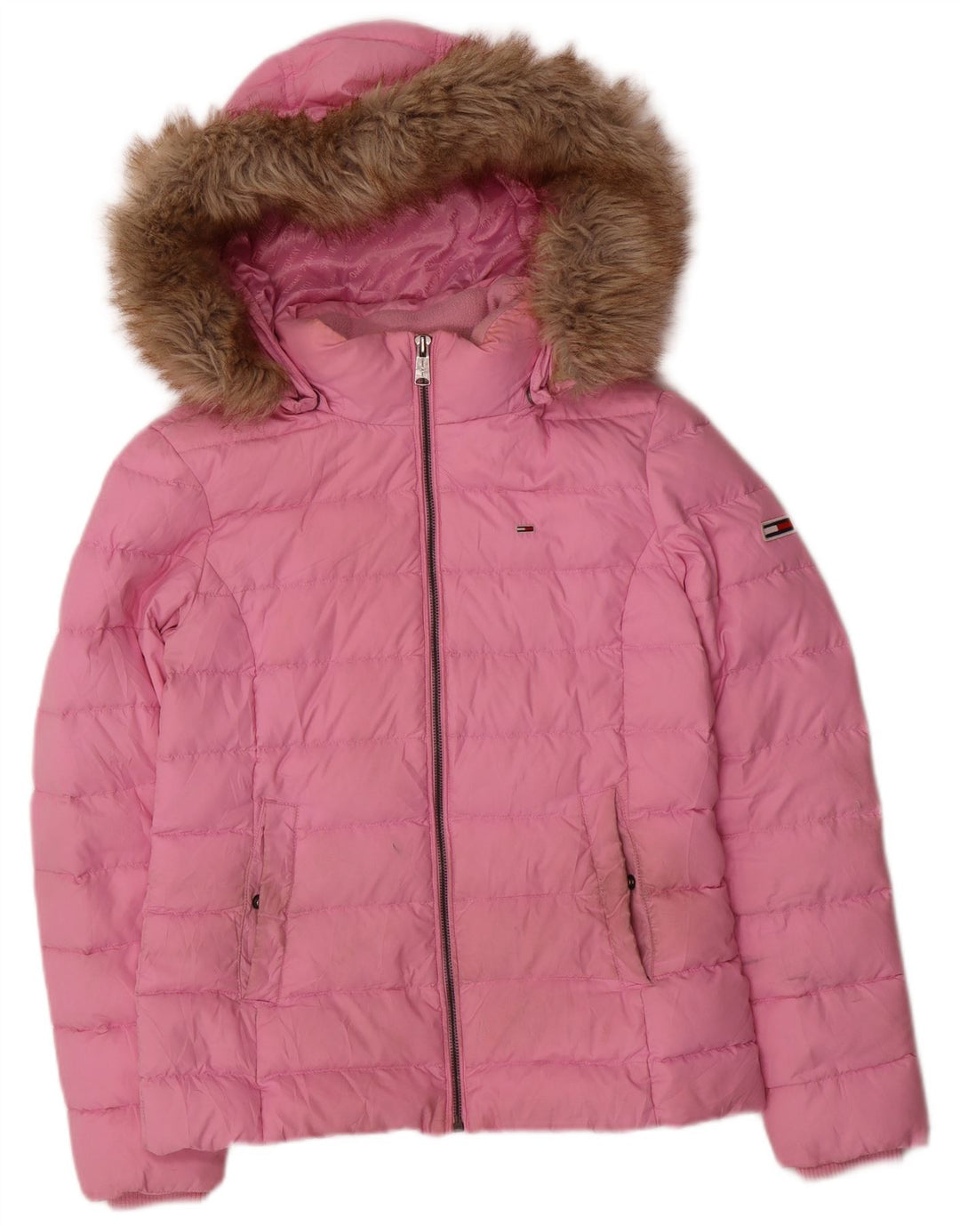 Tommy Hilfiger Womens Hooded Padded Jacket UK 10 Small Pink Polyester