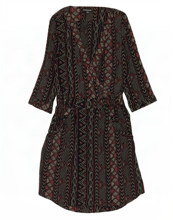 Warehouse Robe Empire à Manches 3/4 pour Femme UK 12 Moyen Noir Géométrique