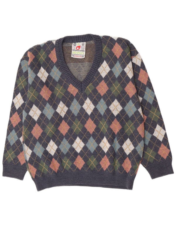 Vintage muški džemper s V-izrezom Veliki tamnoplavi Argyle/Diamond vuna