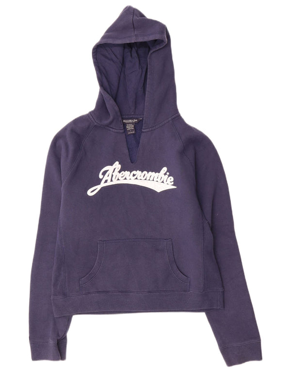 Abercrombie & Fitch Dame Crop Graphic Hoodie Jumper UK 16 Large Navy Blue