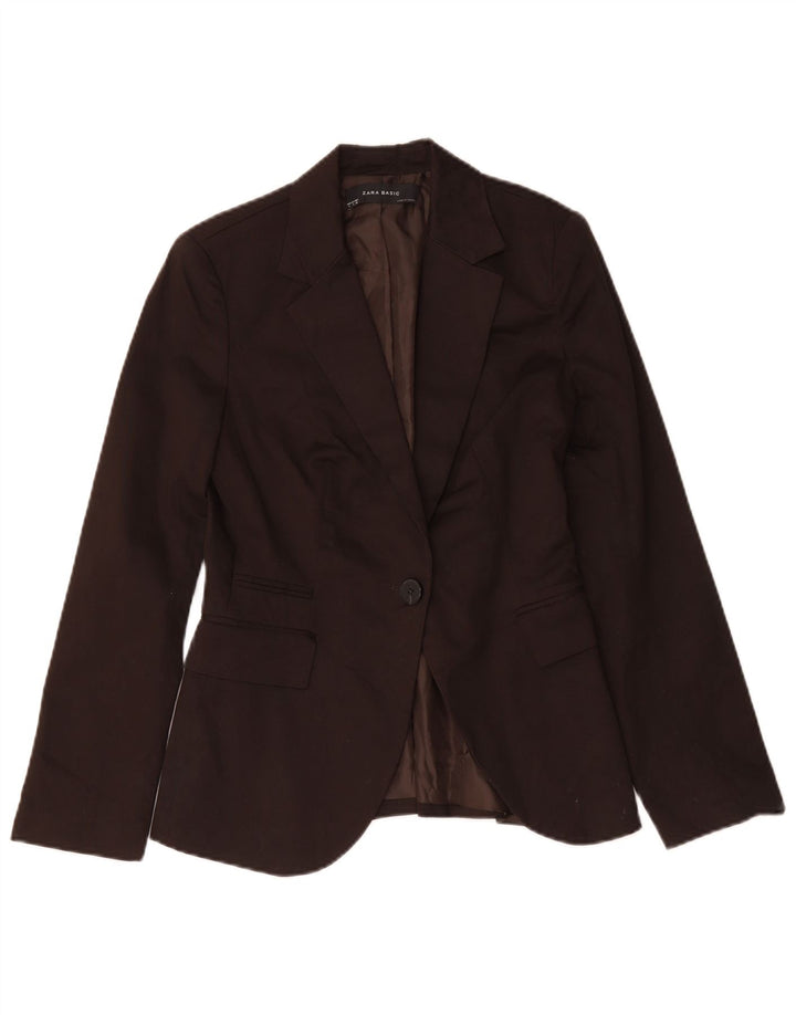 Zara Womens 1 Button Blazer Jacket UK 10 Small Brown Cotton